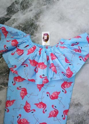 Голубое хлопковое платье розовые фламинго6 фото
