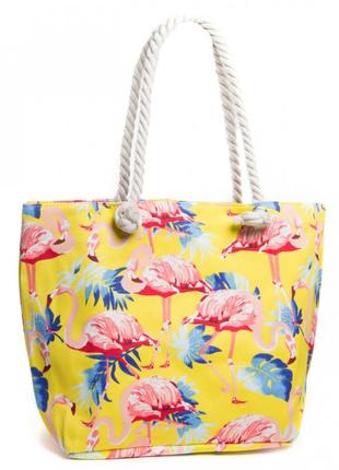 Женская сумка пляжная  желтая  лето с цветками на молнии с длинными ручками - женские сумки лето