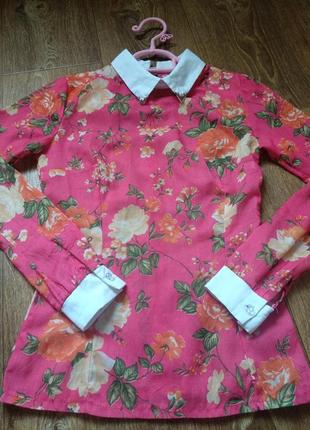 Женская рубашка блуза розовая с принтом цветы2 фото