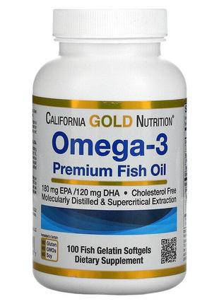 Омега-3, рыбий жир премиального качества, 100 капсул из рыбьего желатина
