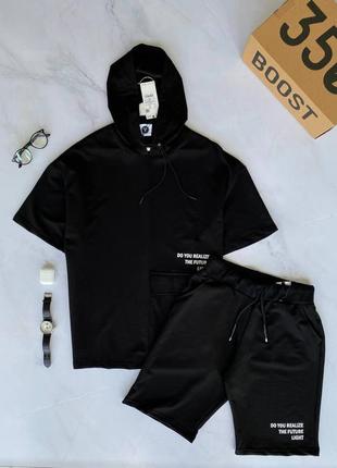 Комплект чоловічий оверсайз футболка шорти з принтом чорний туреччина / костюм шорти з написом турречина