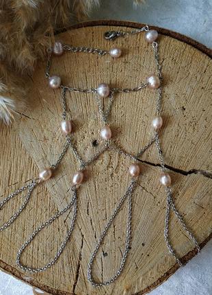 Слейв-браслет з ліловим перлами "перловий полон"7 фото