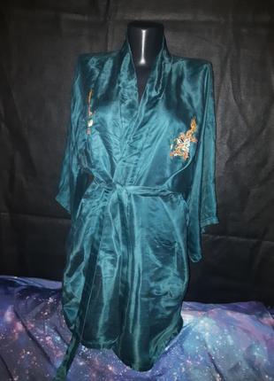 Китайский винтажный  шёлковый халат кимоно с ручной вышивкой