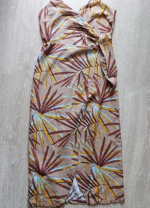 Стильне плаття сарафан з сумішшю льону на запах тонкі бретелі в тропічний принт