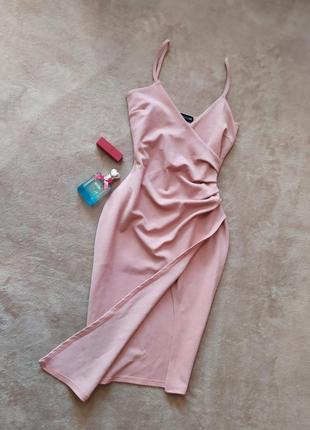 Шикарное фактурное пудрово розовое платье миди с имитацией запаха7 фото