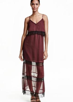 Бордове шифонова сукня з мереживом на тонких бретелях, сарафан кольору марсала,