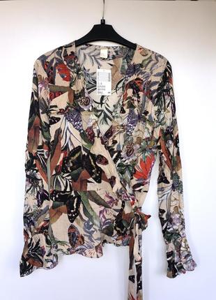 Річна блуза на запаху з довгим рукавом метелики квіти оборка h&m4 фото