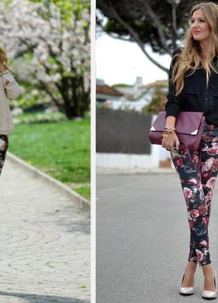 Брюки легинсы   с высокой посадкой  на пуговицах в цветы