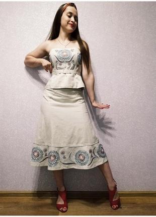 Костюм лен этно фолк вышивка вышиванка юбка и топ8 фото