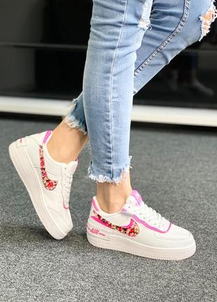 Женские кроссовки nike air force 1 shadow white flowers,кроссовки найк аир форс шадоу белый с розовым на платформе3 фото