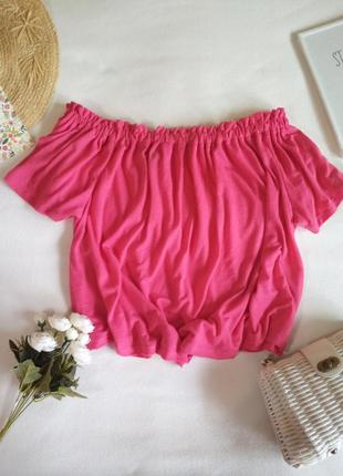 Трендовий рожевий топ опущені плечі 17% льон/розовый топ блуза с открытыми плечами