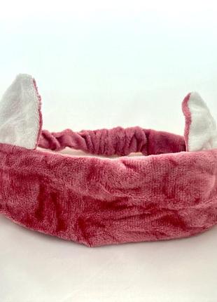 Мягкая плюшевая повязка на голову с кошачими ушками розовая