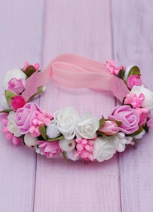 Ніжна пов'язка з квітами біло-рожева1 фото