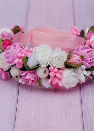 Ніжна пов'язка з квітами біло-рожева2 фото