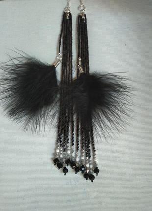 Длинные серёжки серги подвески с перьями пёрышками подвески ручная работа1 фото