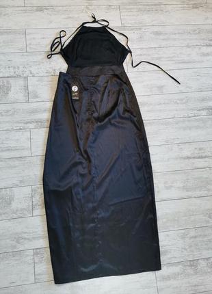 Черное атласное макси платье с топом, открытой спиной и с разрезом7 фото