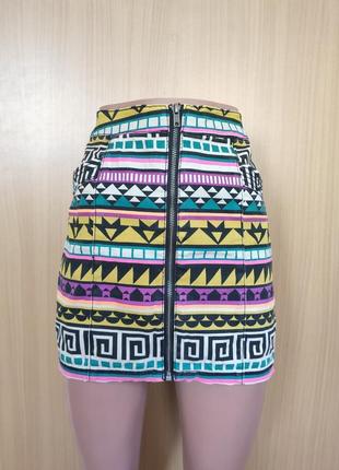 Разноцветная коттоновая юбка на молнии спереди ацтек принт2 фото