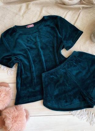 Піжама смарагдового кольору, плюшева піжама, велюровий домашній костюм, піжама футболка і шорти