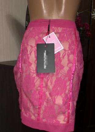 Розовая мини юбка кружевная ажурная ткань4 фото