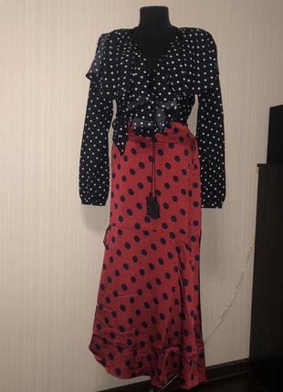 Костюм в горох спідниця міді чорний і бордовий