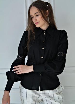 Лляна блузка з мереживом і дерев'яними ґудзиками, блуза з льону1 фото