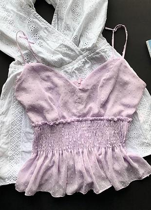 👚чудесная сиреневая майка баска/сиреневая майка жатка/майка с рюшами тонкие бретельки👚