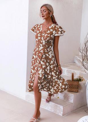 Платье миди на запах, новое, тренд, в шоколадном цвете с цветочным принтом3 фото