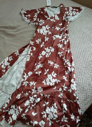 Платье миди на запах, новое, тренд, в шоколадном цвете с цветочным принтом10 фото