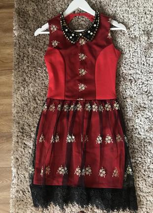 Подвійне червоно-чорне плаття з сіткою, відкритою спиною, камінням, стразами і шіпаміс-м, 44-461 фото