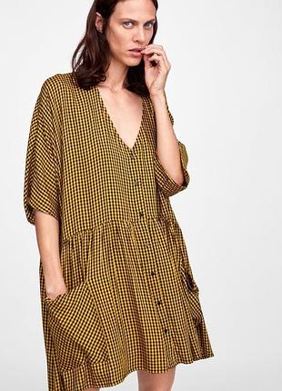 Свободное летнее вискозное платье рубашка в клетку оверсайз zara
