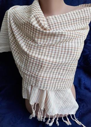 Палантин натуральний льон бавовна шарф з пензликами бахромою клітка3 фото