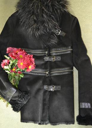 🍇черная искусственная дубленка, теплая !! 🍉размер 38 (м)