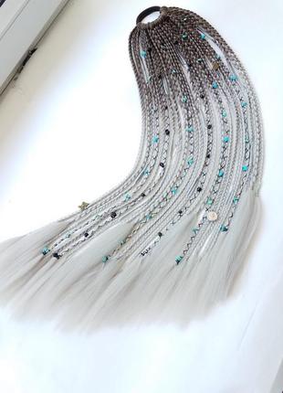 Афрорезинка косички на резинке афрохвост омбре коричневая серая шиньйон хвост парик дреды