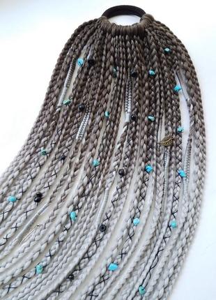 Афрорезинка косички на резинке афрохвост омбре коричневая серая шиньйон хвост парик дреды