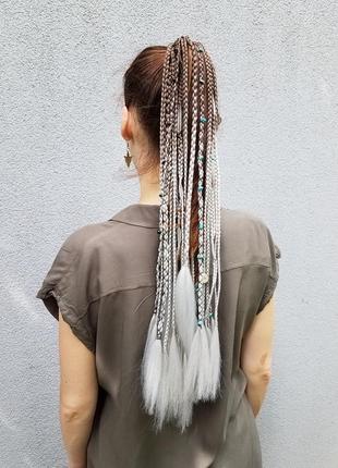 Афрорезинка косички на резинке афрохвост омбре коричневая серая шиньйон хвост парик дреды