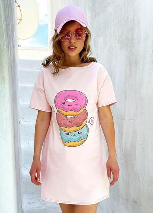 Короткое🍩платье футболка розовое с ярким принтом 4 цвета5 фото