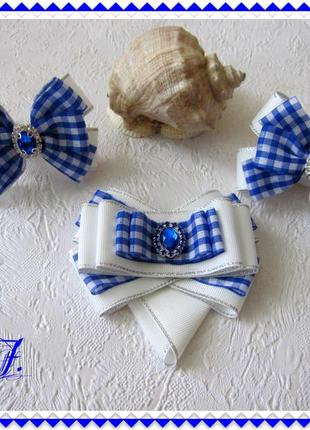 Набор бело-голубых школьных украшений: пара бантиков на резинках и брошь-жабо. банты на первое сентября под форму