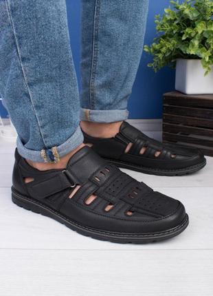 Стильні чорні чоловічі літні туфлі мокасини босоніжки, сандалі на липучці