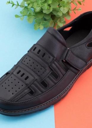 Стильные черные мужские летние туфли мокасины босоножки сандалии на липучке2 фото