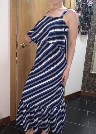 Сині плаття в смужку довга сукня сарафан в смужку з воланами2 фото