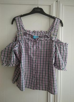 Блуза, вінтаж, топ, сорочка, бавовна, клітина віші, бузковий колір, сорочковий крій, відкриті плечі, рукава