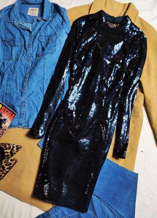 Marks spencer платье синее с пайетками длинный рукав миди новое по фигуре вырез на спине5 фото