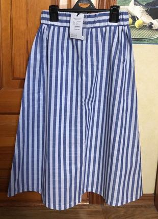 Стильная льняная юбка в полоску с карманами3 фото