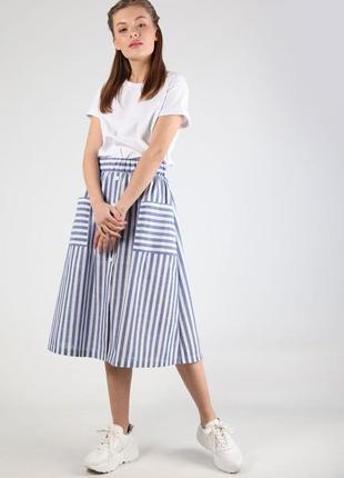 Стильная льняная юбка в полоску с карманами1 фото
