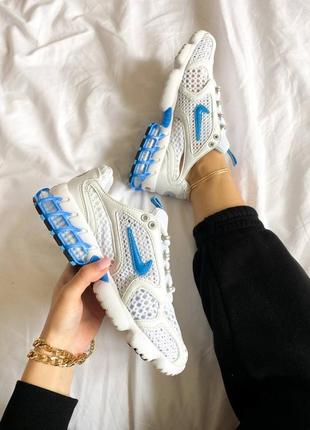 Мужские кроссовки stussy nike air zoom spiridon caged 2 white university blue,стусси найк аир зум спиридон кагед белый с синим шнуровка4 фото