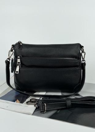 Женская кожаная сумка двухсторонняя на через плечо чёрная жіноча шкіряна сумка чорна двусторонняя