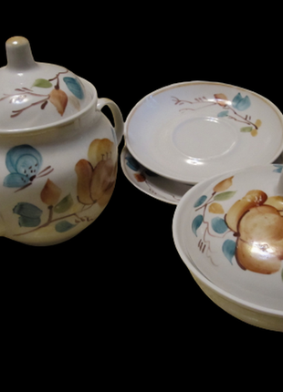 Фарфоровый чайный набор чайник масленка 2 блюдца полонное ручная роспись