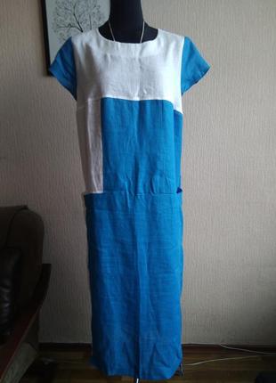 Платье льняное бело-голубое1 фото