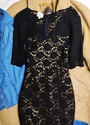 Kaliko платье чёрное гипюр кружево на бежевой подкладке миди по фигуре карандаш футляр2 фото