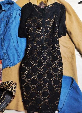 Kaliko платье чёрное гипюр кружево на бежевой подкладке миди по фигуре карандаш футляр3 фото